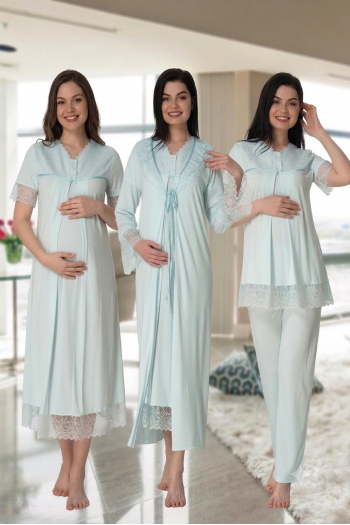 Effortt 5046 Turkuaz Güpür Sabahlıklı Lohusa Hamile 4'lü Set
