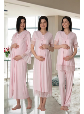 Effortt 5046 Pembe Güpür Sabahlıklı Lohusa Hamile 4'lü Set