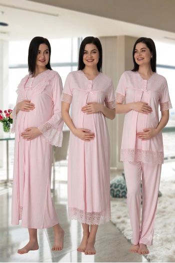 Effortt 5046 Pembe Güpür Sabahlıklı Lohusa Hamile 4'lü Set