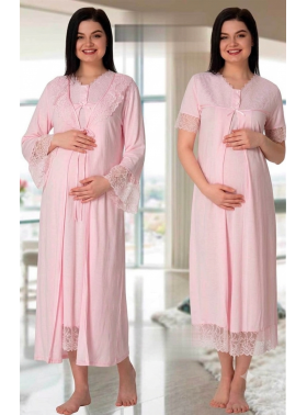 Effortt 5045 Pembe Güpür Sabahlıklı Lohusa Gecelik Takımı