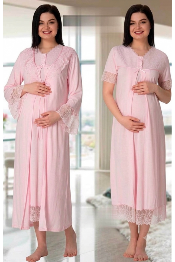 Effortt 5045 Pembe Güpür Sabahlıklı Lohusa Gecelik Takımı