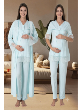 Effortt 5044 Turkuaz Kolları Güpürlü Sabahlıklı Hamile Lohusa Pijama Takımı