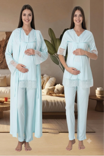 Effortt 5044 Turkuaz Kolları Güpürlü Sabahlıklı Hamile Lohusa Pijama Takımı