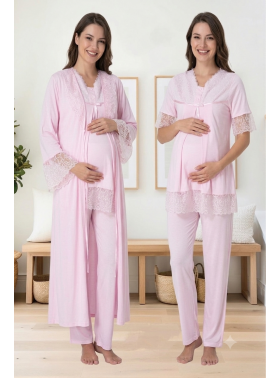 Effortt 5044 Pembe Kolları Güpürlü Sabahlıklı Hamile Lohusa Pijama Takımı