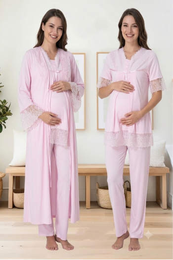 Effortt 5044 Pembe Kolları Güpürlü Sabahlıklı Hamile Lohusa Pijama Takımı