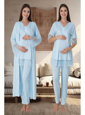 Effortt 5044 Mavi Kolları Güpürlü Sabahlıklı Hamile Lohusa Pijama Takımı