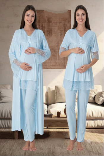 Effortt 5044 Mavi Kolları Güpürlü Sabahlıklı Hamile Lohusa Pijama Takımı