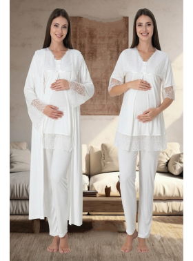 Effortt 5044 Ekru Kolları Güpürlü Sabahlıklı Hamile Lohusa Pijama Takımı