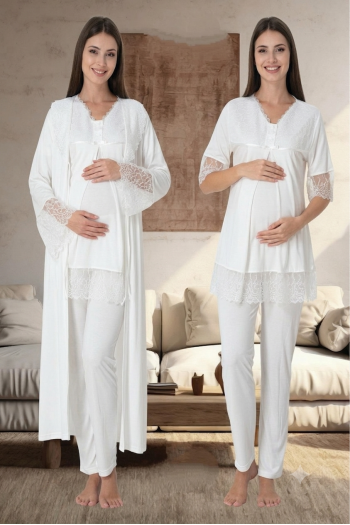 Effortt 5044 Ekru Kolları Güpürlü Sabahlıklı Hamile Lohusa Pijama Takımı