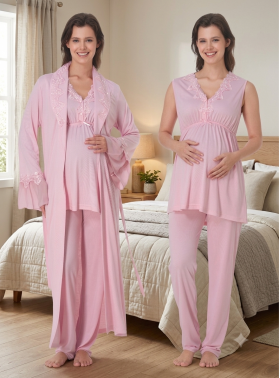 Effortt 5064 Pudra Pembe Sıfır Kol Dantelli Sabahlıklı Lohusa Pijama Takımı
