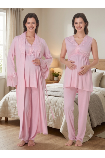Effortt 5064 Pudra Pembe Sıfır Kol Dantelli Sabahlıklı Lohusa Pijama Takımı