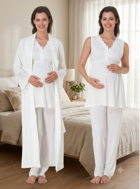 Effortt 5064 Ekru Sıfır Kol Dantelli Sabahlıklı Lohusa Pijama Takımı
