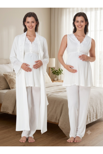 Effortt 5064 Ekru Sıfır Kol Dantelli Sabahlıklı Lohusa Pijama Takımı