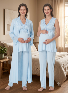 Effortt 5064 Mavi Sıfır Kol Dantelli Sabahlıklı Lohusa Pijama Takımı