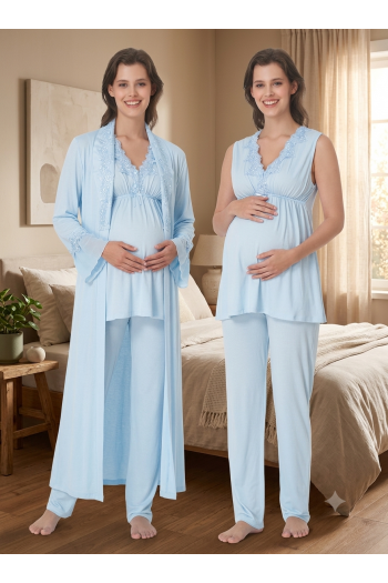 Effortt 5064 Mavi Sıfır Kol Dantelli Sabahlıklı Lohusa Pijama Takımı