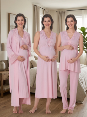 Effortt 5066 Pudra Pembe Sıfır Kol Dantelli 4lü Lohusa Seti