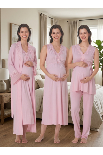 Effortt 5066 Pudra Pembe Sıfır Kol Dantelli 4lü Lohusa Seti