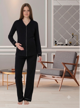 Effortt 5072 Siyah Düğmeli Sabahlıklı Lohusa Pijama Takımı