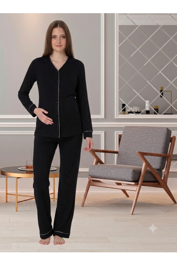Effortt 5072 Siyah Düğmeli Sabahlıklı Lohusa Pijama Takımı