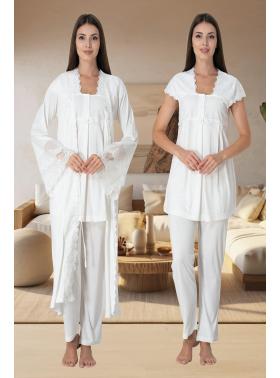 Effortt 5011 Ekru Uzun Prenses Sabahlıklı Lohusa Pijama Takımı