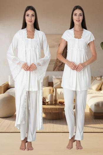 Effortt 5011 Ekru Uzun Prenses Sabahlıklı Lohusa Pijama Takımı