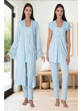 Effortt 5011 Mavi Uzun Prenses Sabahlıklı Lohusa Pijama Takımı