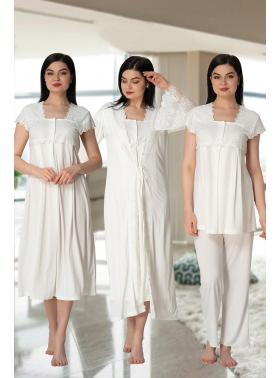 Effortt 5015 Ekru Yakası ve Kolları Dantelli Lohusa Hamile 4'lü Set