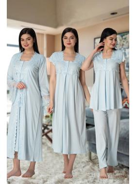 Effortt 5015 Mavi Yakası ve Kolları Dantelli Lohusa Hamile 4'lü Set