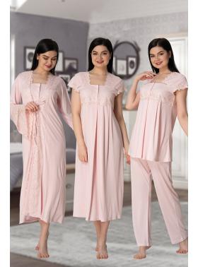Effortt 5015 Pudra Yakası ve Kolları Dantelli Lohusa Hamile 4'lü Set