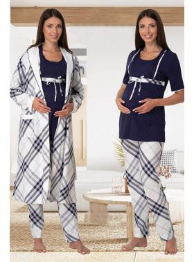 Effortt 6024 Lacivert Emzirme Özellikli Sabahlıklı Lohusa Pijama Takımı