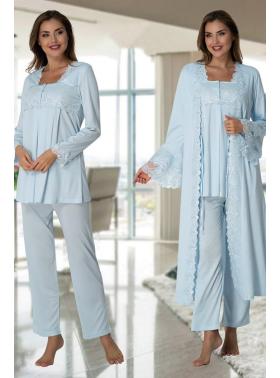 Effortt 7014 Mavi Prenses Sabahlıklı Lohusa Hamile Pijama Takımı