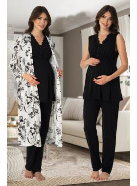 Effortt 8034 Siyah Lohusa Hamile Pijama Takım Sabahlık