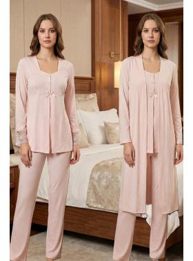 Effortt 9048 Pudra Sabahlıklı Uzun Kol Hamile Lohusa Pijama Takımı