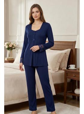 Effortt 9042 Lacivert Dantel Detaylı Lohusa Pijama Takımı