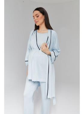 RİMEL Mavi Biye Geçişli Sabahlıklı Kruvaze Lohusa Pijama Takımı