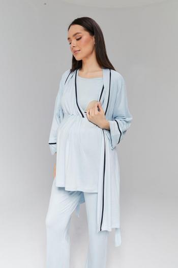 RİMEL Mavi Biye Geçişli Sabahlıklı Kruvaze Lohusa Pijama Takımı