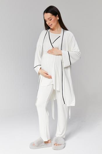 RİMEL Gizli Emzirme Özellikli Ekru Sabahlıklı Kruvaze Lohusa Pijama Takımı - 516