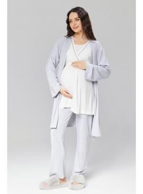RİMEL  Gizli Emzirme Özellikli Gri Sabahlıklı Kruvaze Lohusa Pijama Takımı - 503