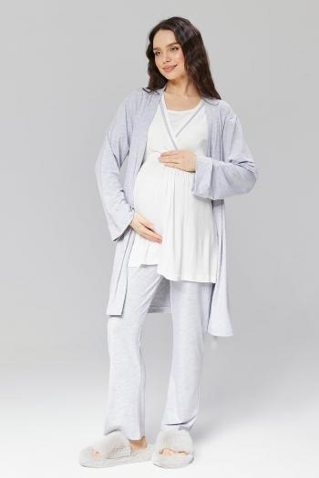 RİMEL  Gizli Emzirme Özellikli Gri Sabahlıklı Kruvaze Lohusa Pijama Takımı - 503