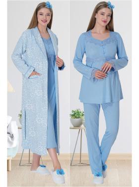 Mecit 5712 Mavi Sabahlıklı Pijama Gecelik Lohusa Set