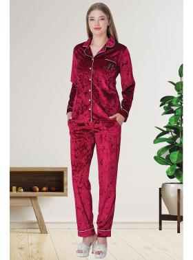 Mecit 5722 Bordo Kadın Boydan Düğmeli Kadife Pijama Takımı