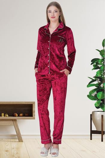 Mecit 5722 Bordo Kadın Boydan Düğmeli Kadife Pijama Takımı
