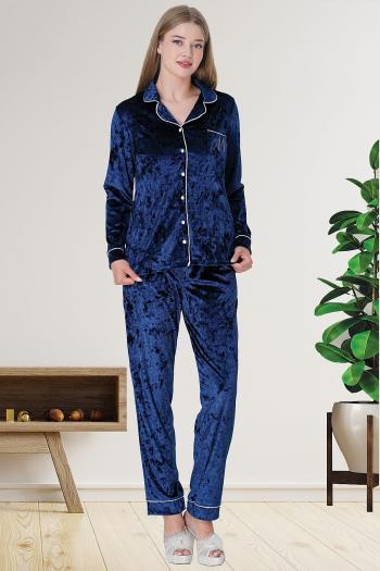 Mecit 5722 Lacivert Kadın Boydan Düğmeli Kadife Pijama Takımı