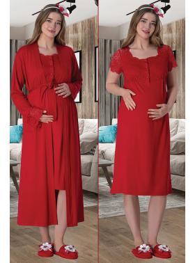 Mecit 6065 Kırmızı Uzun Sabahlıklı Gecelik Pijama Lohusa Set