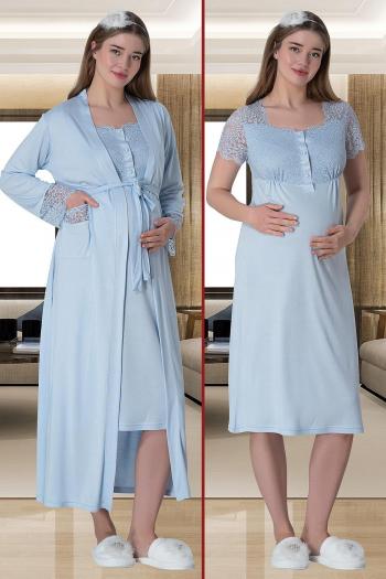 Mecit 6065 Mavi Uzun Sabahlıklı Gecelik Pijama Lohusa Set