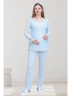 Mecit 6300 Mavi Dantelli Hamile Lohusa Pijama Takım