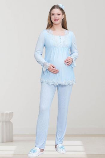 Mecit 6300 Mavi Dantelli Hamile Lohusa Pijama Takım