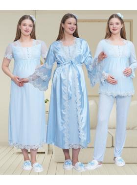 Mecit 6302 Mavi Dantelli Sabahlık Gecelik Pijama Lohusa Set