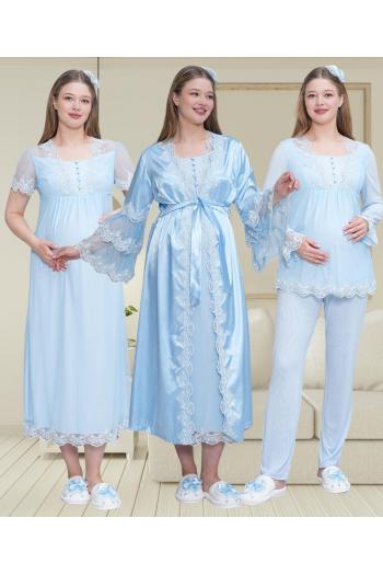 Mecit 6302 Mavi Dantelli Sabahlık Gecelik Pijama Lohusa Set