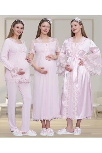 Mecit 6302 Pembe Dantelli Sabahlık Gecelik Pijama Lohusa Set
